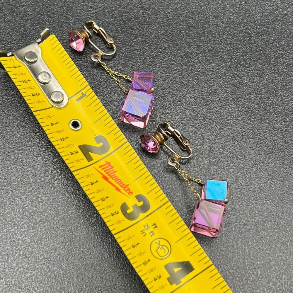 Vintage Pink AB Crystal‎ Cube Clip On Earrings Mid Century Geometric Drop 2